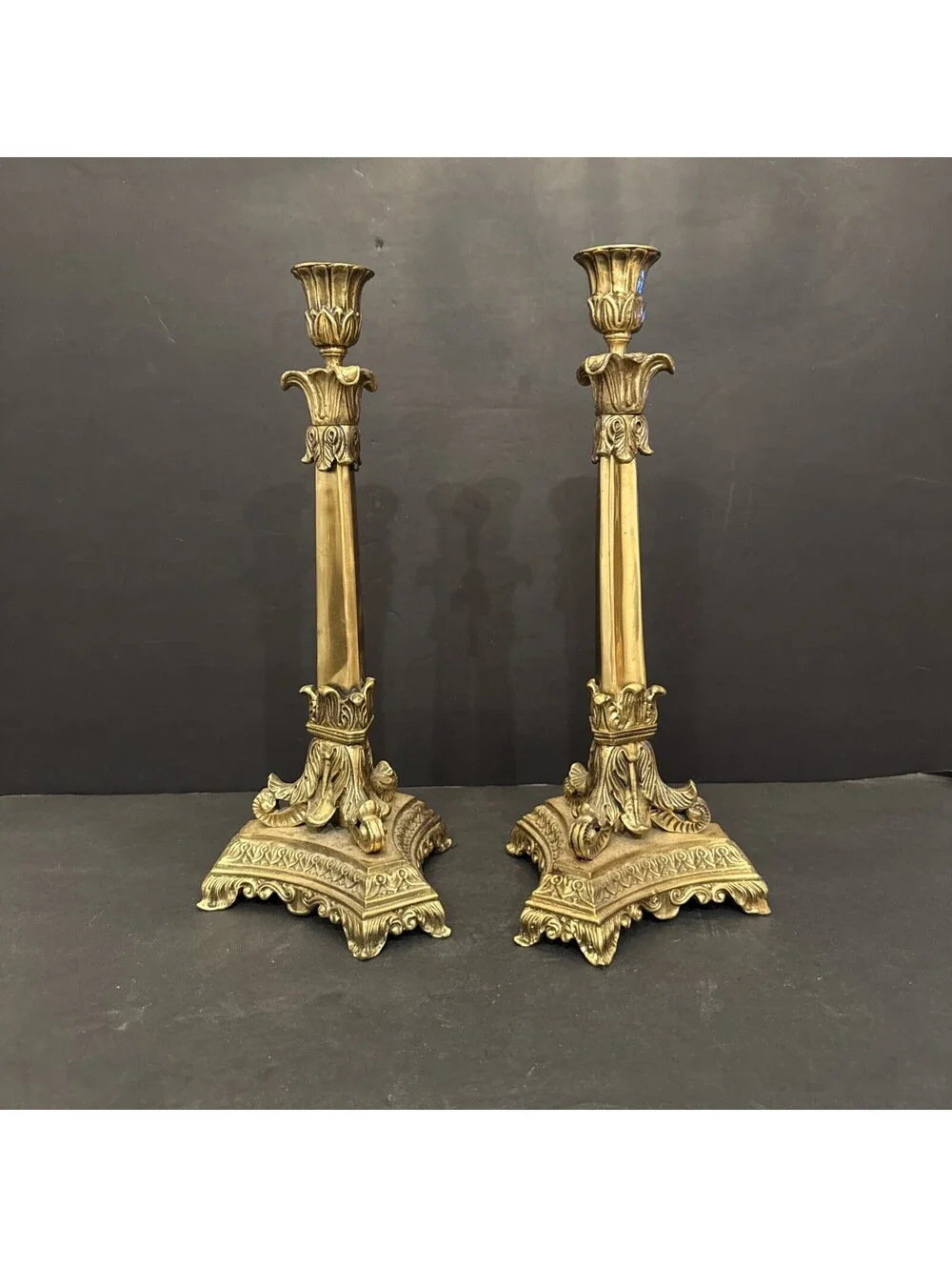 Antique Bronze Ornate Elegant Pair Of Gilt Bronze Candlesticks Stunning 13 3/8”H